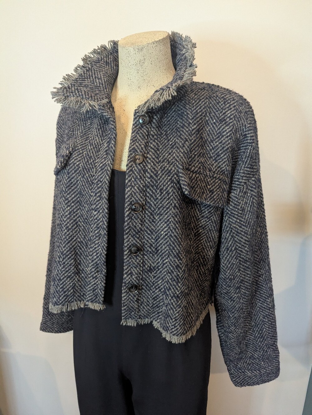 Sage The Label Jacket Women Gray Wool Blend Cropped Herringbone Tweed size L - Picture 4 of 10